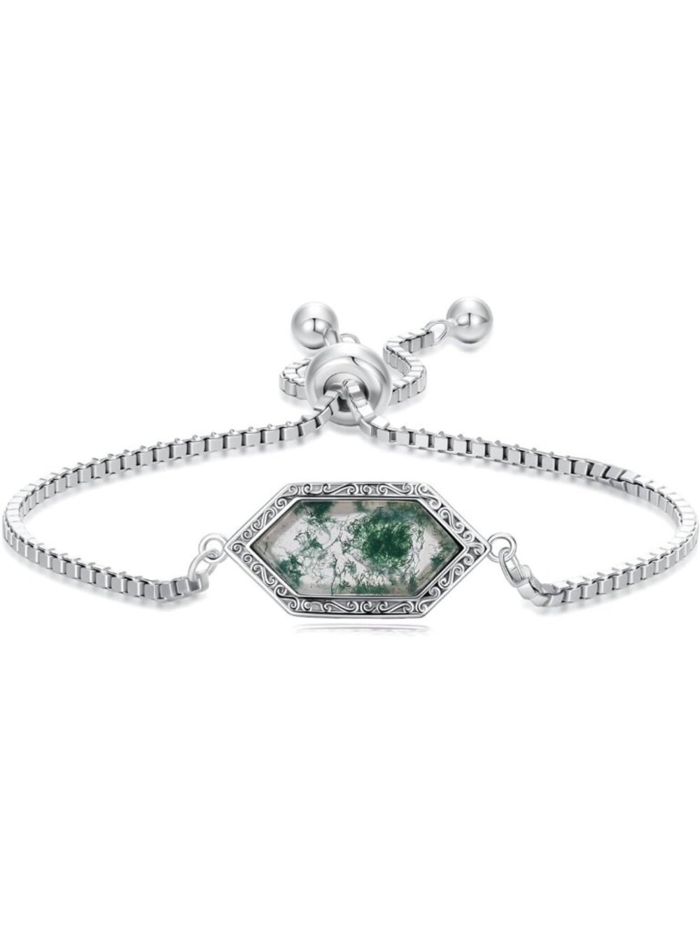 Natural Moss Agate Gemstone Bracelet in 925 Sterling Silver - Adjustable Hexagon